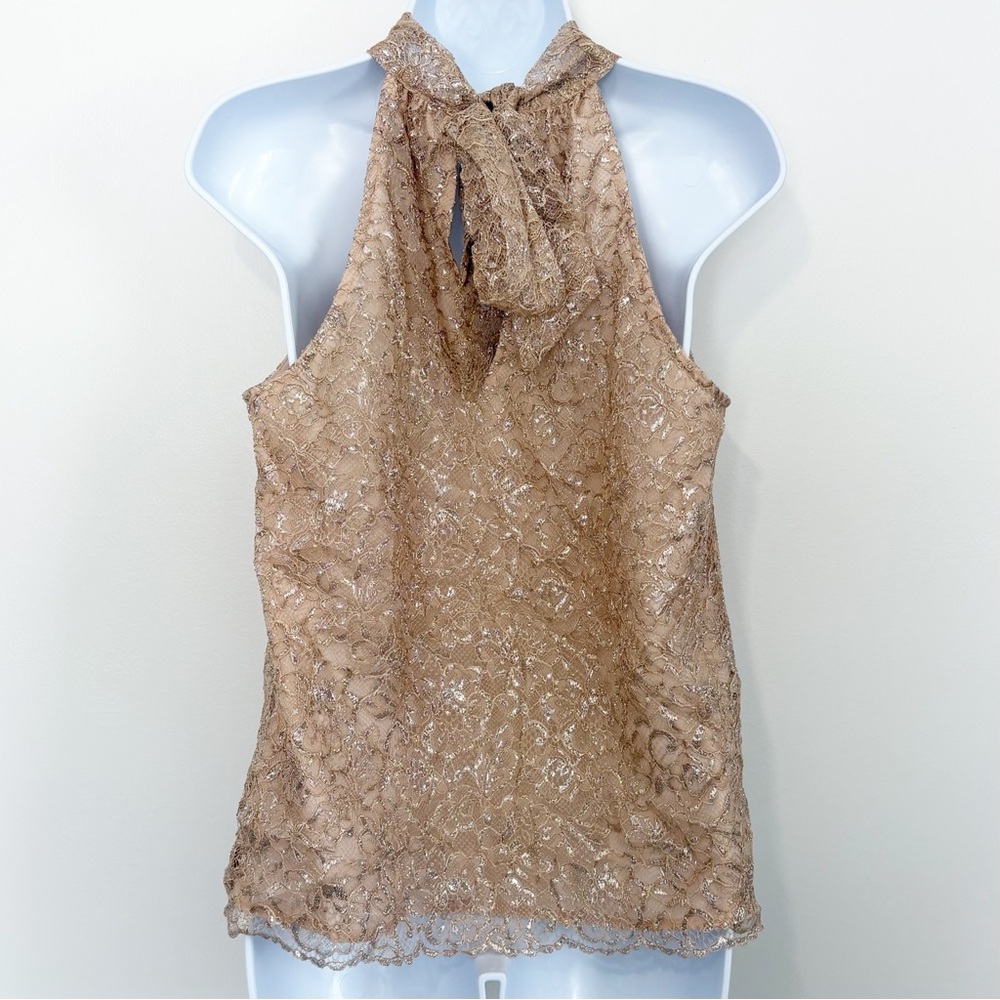 J. CREW Rose Gold Metallic Lace Halter Top Tie Neck Blouse Party Occasion Small - Picture 4 of 8